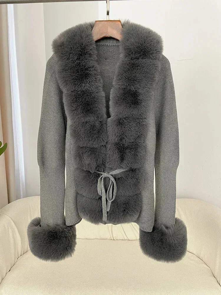 2024 Faux Fur Coat Luxury Patchwork Knit Sweater Bandage Fur Cardigan Detachable Collar Jacket Autumn-winter Women\'s Faux Fur Co