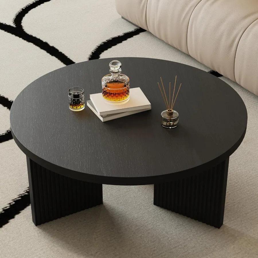 Wooden Round Coffee Table 35 Coffee Table with Smooth Thick Mesa Low Circle Center Table with X Shaped Stable Legs Accent Tea T