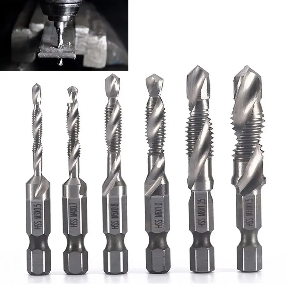 6 buah Set mata bor Tap, peralatan listrik berlapis Titanium batang Hex, mesin sekrup ulir HSS M3 M4 M5 M6 M8 M10