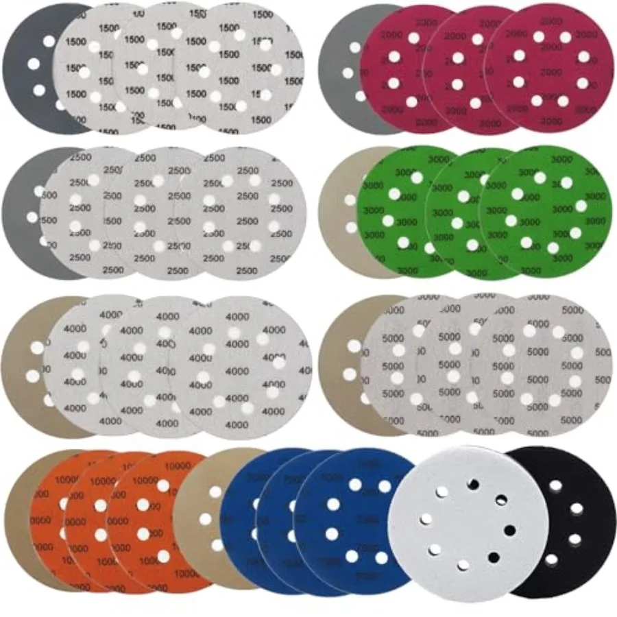 8 Hole Sanding Discs Hook and Loop 100-10000 Grits Wet Dry with 2pcs Interface Pads for Random Orbital Sander Automotive Metal