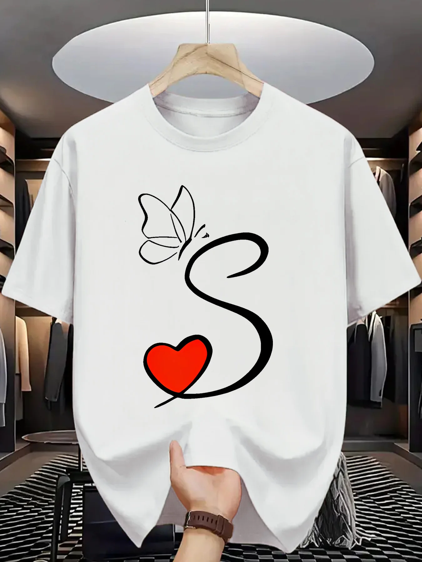 Letter S Butterfly Heart Mens Crew Neck T Shirt Minimal Romantic Line Graphic Short Sleeve Tee Casual Male Street Tops