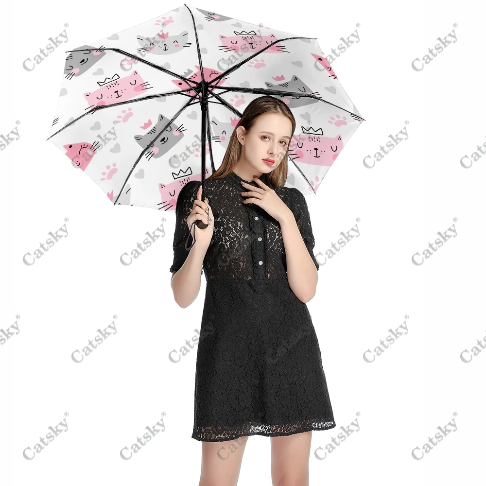 Cute Cats Cartoon Wo Folding Umbrella Windproof Sunscreen UV Protection Fashion Portable Gift Travel Outdoor Umbrellas