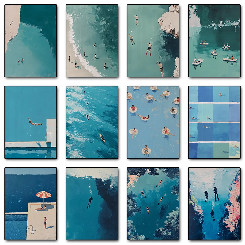 1pcs(No frame) 1pc  frameless Canvas Painting Summer Beach Diving Swim Ocean Waves Blue Posters Canvas Printing Vintage Wall Art