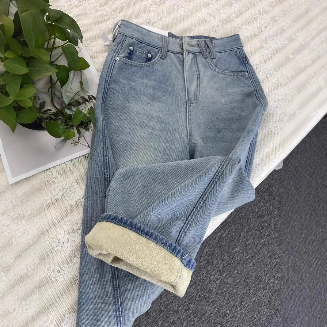 2025 Autumn  Winter New Style Plush Warm Straight Women Jeans   Light Blue High Waist Slim and Narrow Women Wide-leg Pants