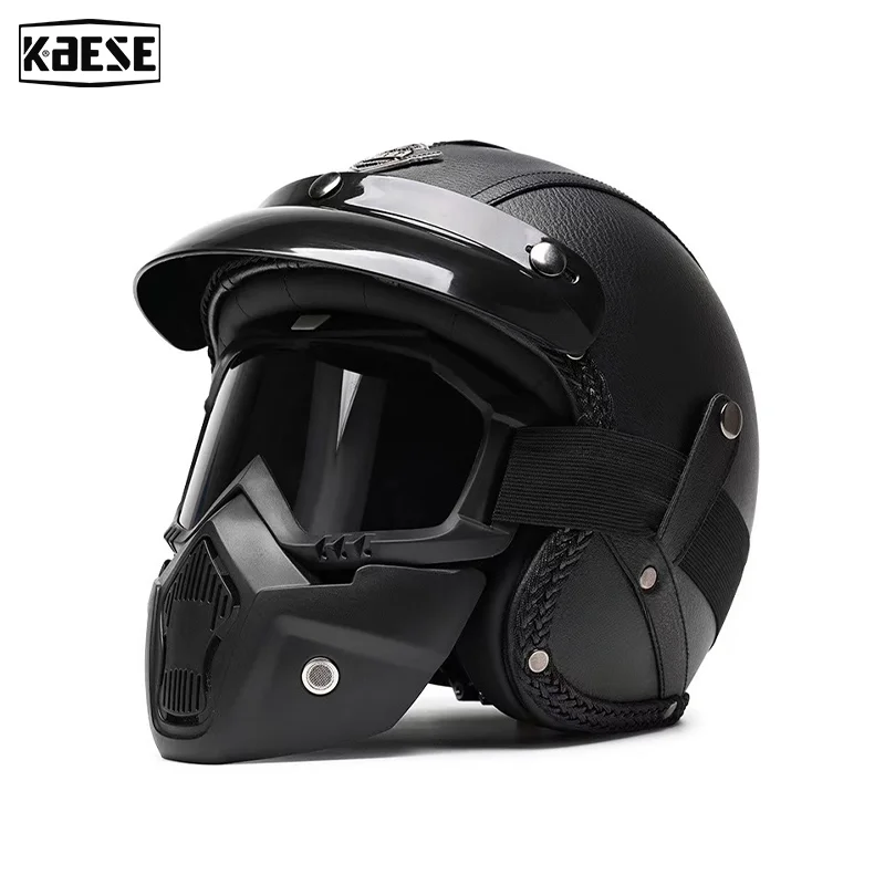 

Unisex Classic DOT Approved Helmet Motorcycle Helmet Black PU Leather Retro Motorbike Motocross Open Face Helmets Breathable