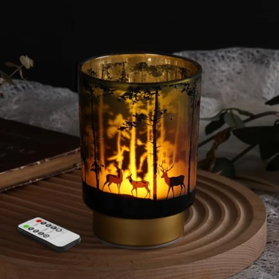 Battery Operated Table Lamp with Remote, Deer Cordless Glass Lamp for Bedroom Living Room Kitchen Entryway