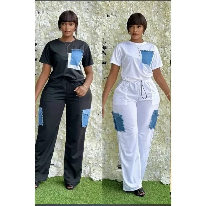 2 Piece Women Set Dashiki Denim African Clothes Summer New Fashion Short Sleeve Top And Pants Suit Party Lady Matching Sets