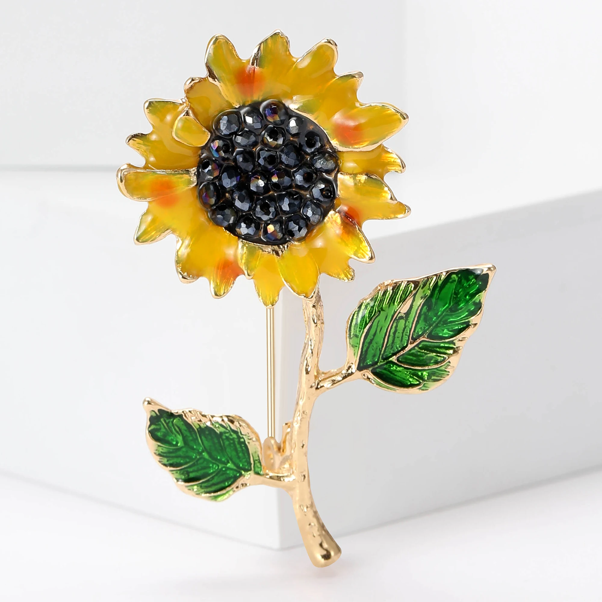 Rhinestone Sunflower Flower Brooches for Women Unisex Enamel Botanical Pins Banquet Party Backpack Gifts Jewelry Accessories