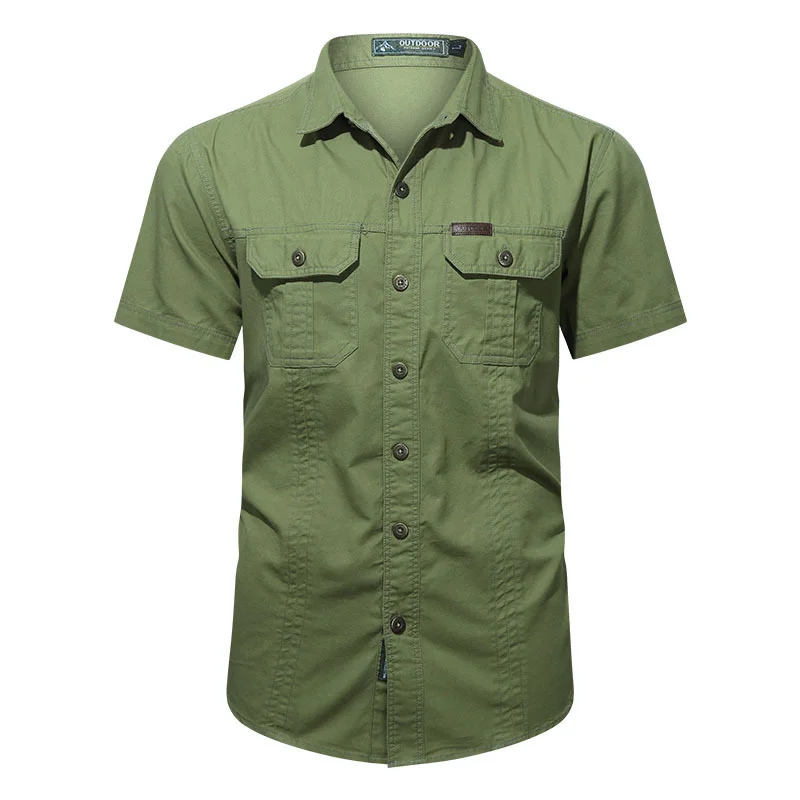 Safari Style Military Men Cotton Short Sleeve Tactical Clothing Summer New Lapel Oversized Business Plaid Casual Tops 5XL