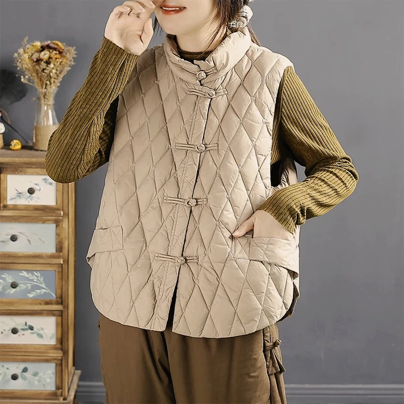 Chaleco sin mangas de plumón para mujer, cuello alto, chaleco cálido ligero, botones chinos, Chaleco Corto vintage de plumón, invierno, nuevo