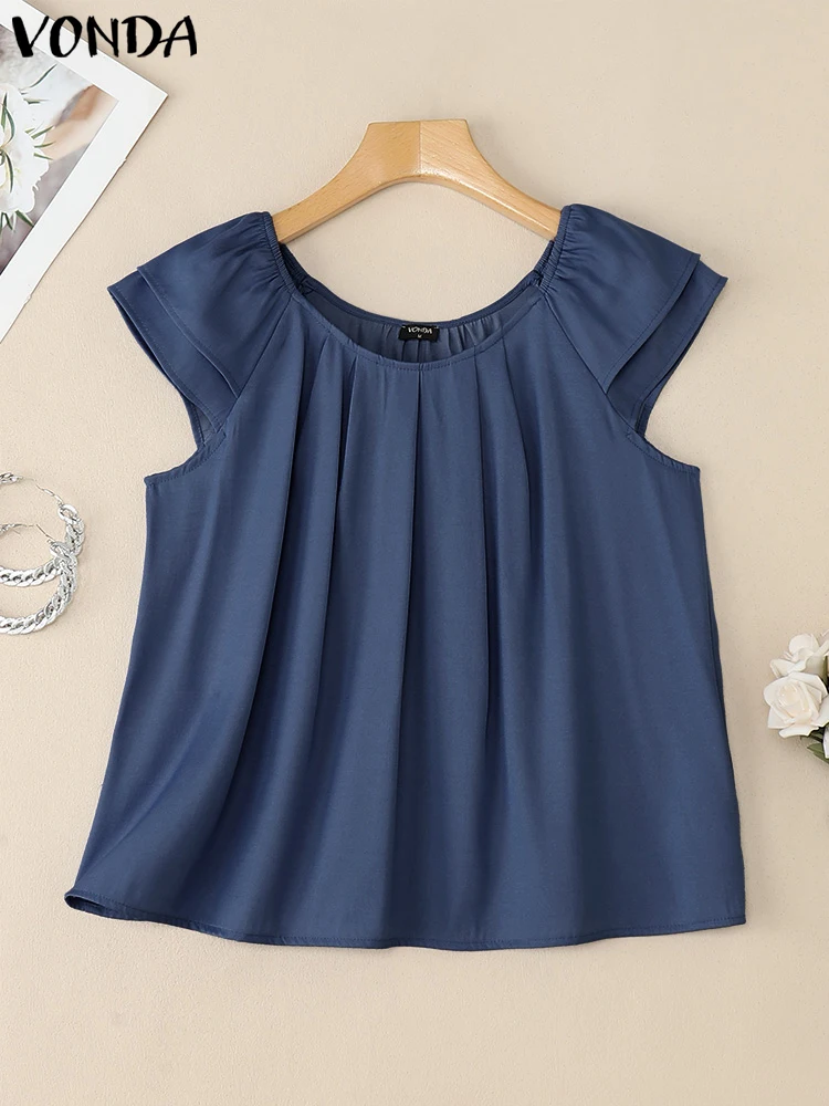 

VONDA Plus Size Blouse Women Summer Denim Shirts Ruffled Big Size Blouse Short Sleeve Tunic Tops Casual Loose Solid Color Blusas
