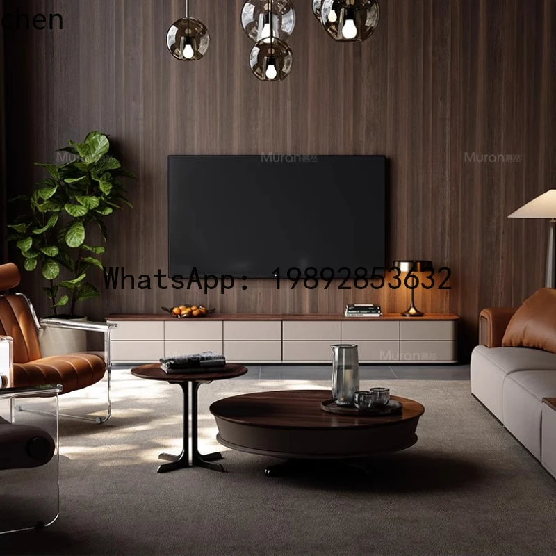 light luxury TV cabinet natural marble whole house with walnut TV cabinet