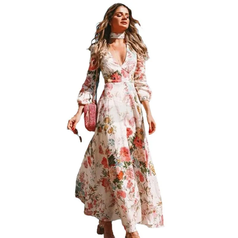 فستان طويل الأكمام بتصميم V عميق وطباعة زهور، أنيق للاستخدام اليومي، خصر متوسط، تنورة على شكل خط A، مصنوع من قماش البوليستر، ...