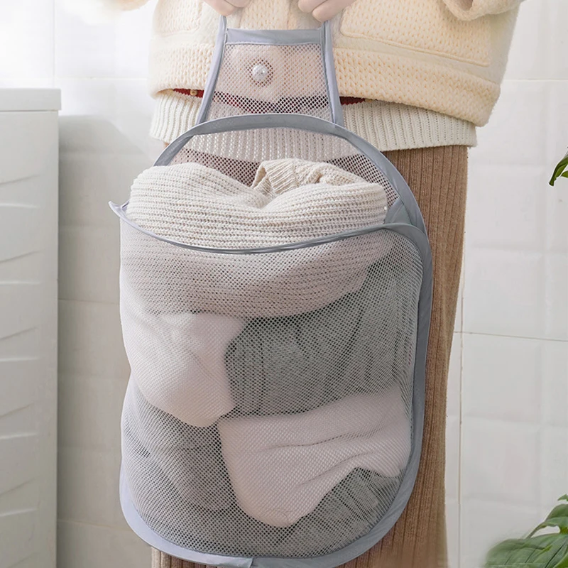 Foldable Hanging Laundry Basket Wall Mounted Net Storage Bag Portable Dirty Clothes Mesh Basket Closet Organizer Laundry Hamper