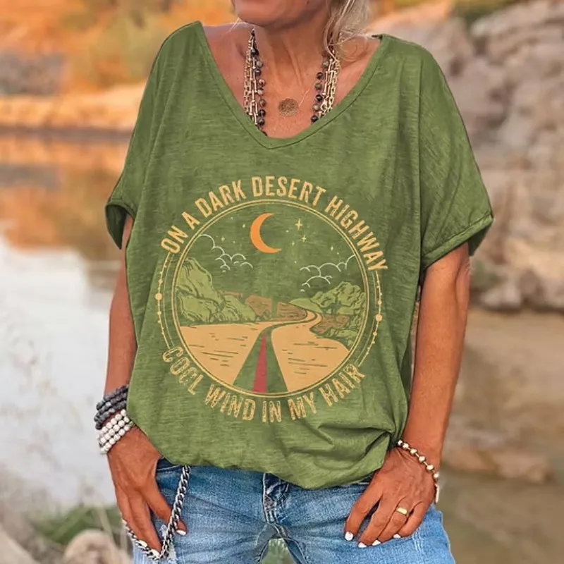 ilstile 2025 New Women's V-neck T-shirt Oversized On A Dark Desert Highway Print Casual Short Sleeve Summer Tops