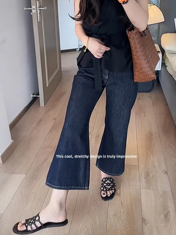 ディープブルーシルクマイクロフレアジーンズ レディース 薄手 大きいサイズ 梨型体型 ヒップカバー 着痩せ効果 ナインポイントフレアパンツ