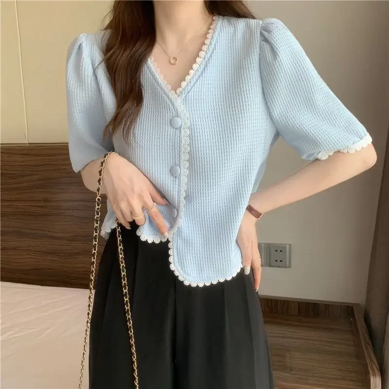 Shirts Women Patchwork Korean Style All-match Short Sleeve New Simple Temperament Summer V-neck Cute Fashion Lace Ins Sweet Girl