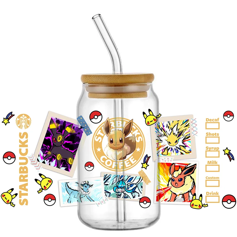 Funko Bestseller Niedliche Pokemon Beliebte 16oz UV DTF 3D Transfer Cartoon Aufkleber Folienaufkleber für Glas Dosen Becher Basteln DIY Kreativ