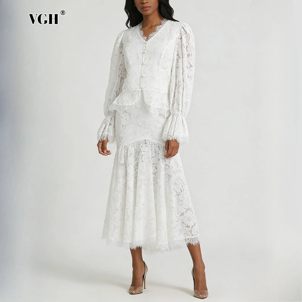 VGH Solid Spliced Lace Two Piece Set Female V Neck Long Sleeve Top French Vintage Women's Skirt Sets Summer Fashion New Style