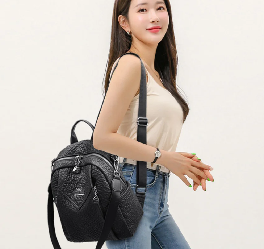 Bolsos de hombro con doble cremallera de cuero suave de gran capacidad de lujo, mochilas de viaje a la moda para mujer, bolso escolar, mochila cruzada