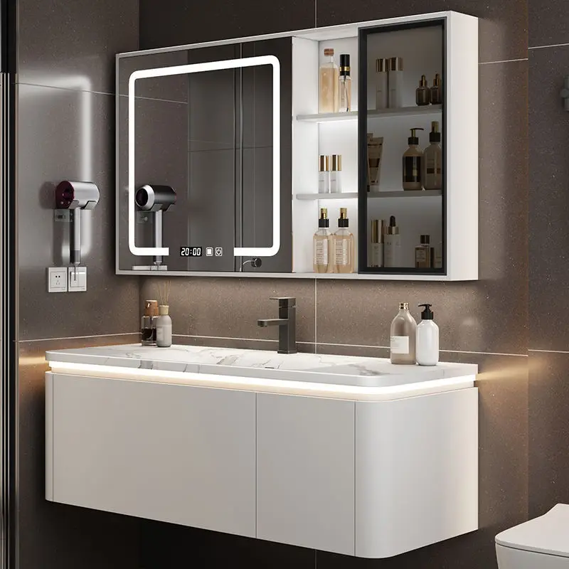 Smart Mirror Bathroom Cabinet Slate Hot Bending Integrated Basin Vanity Combination Storage Simple Bathroom Cabinet with Sink