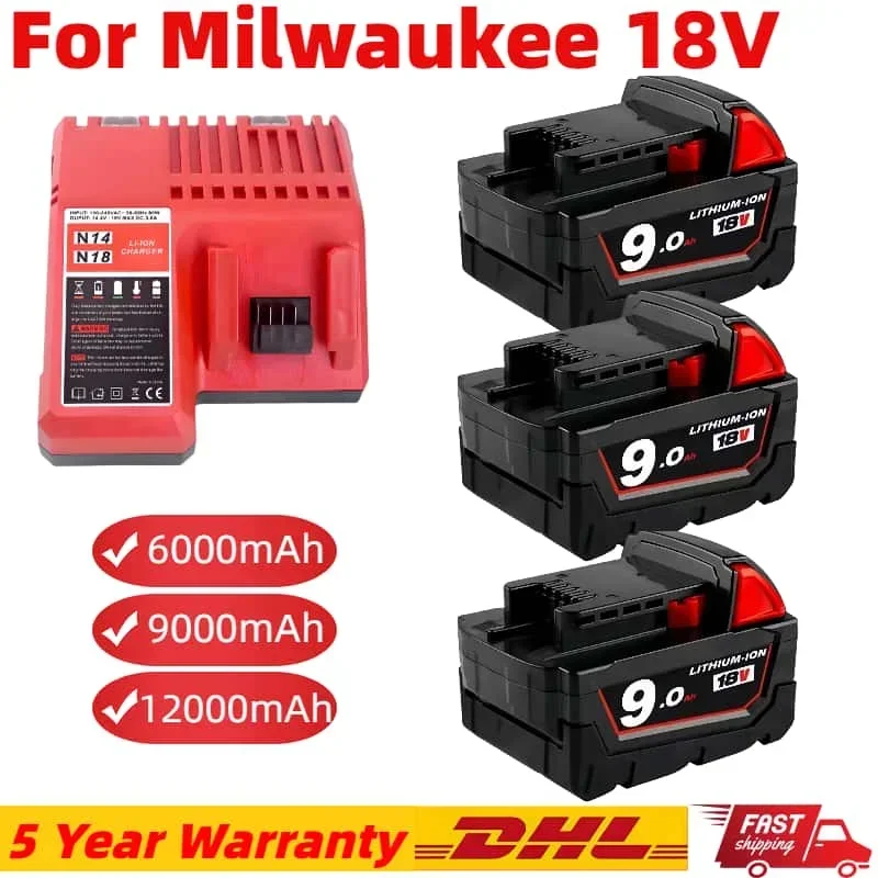 

12Ah for Milwaukee 18V battery suitable for M18 Impact Wrench Screwdriver Brushless Angle Grinder power Battery Replacement