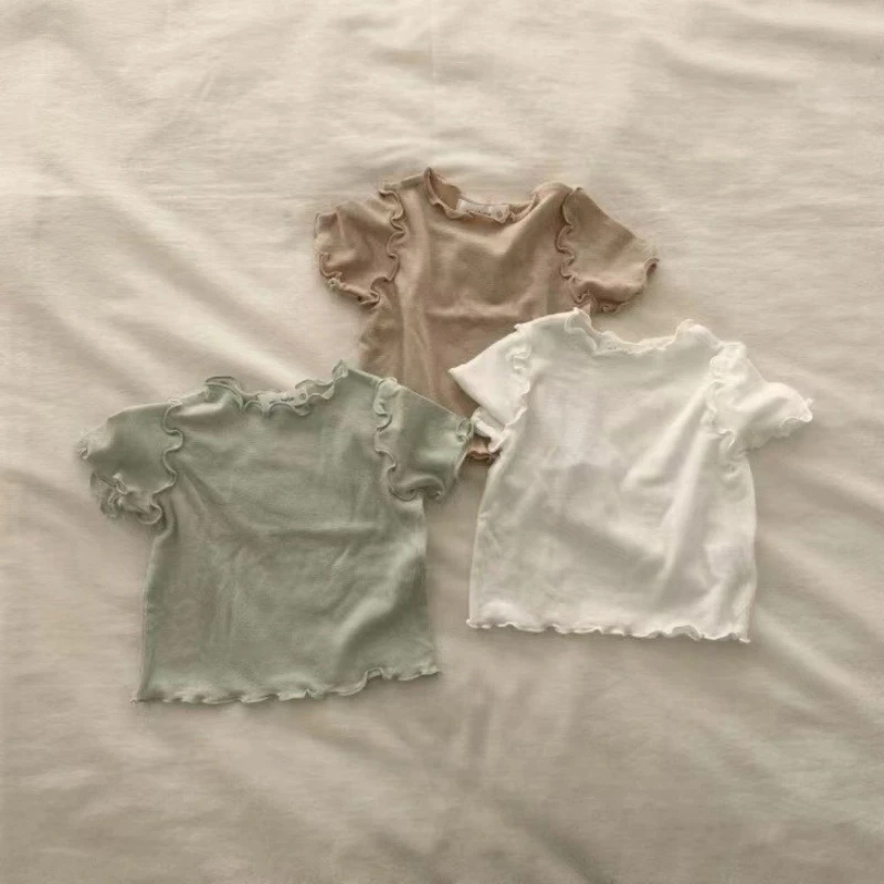 T2463 Korean Style Baby Girl Cotton Short Sleeve T-Shirt Summer Soft Color Top Wooden Edge Collar Versatile Base Layer Shirt