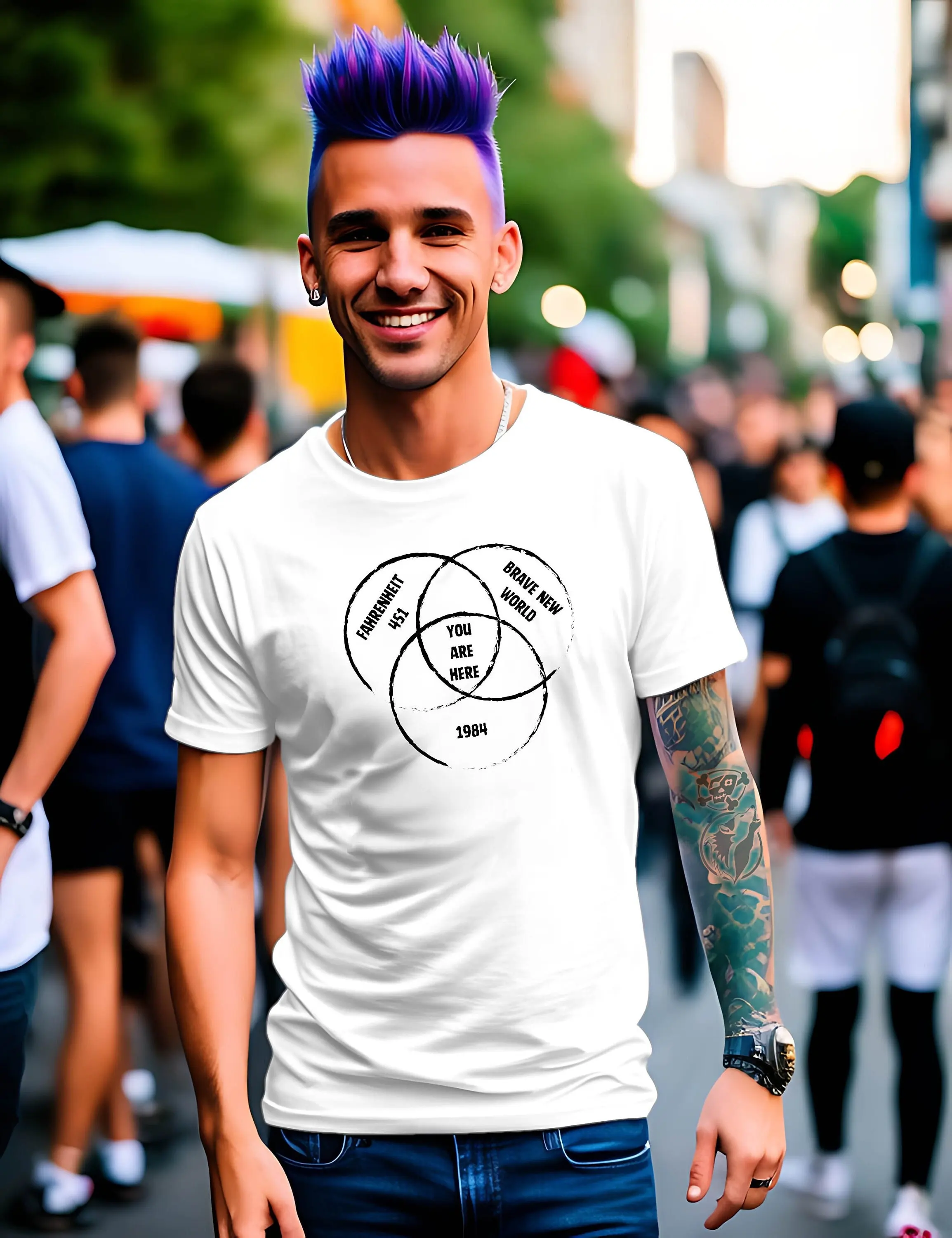 Camiseta "You Are Here dystoie" 1984 Georg Orwell Fahrenheit 451 Ray Bradbury Brave New World Aldous Huxley Geschenk 320Apt2