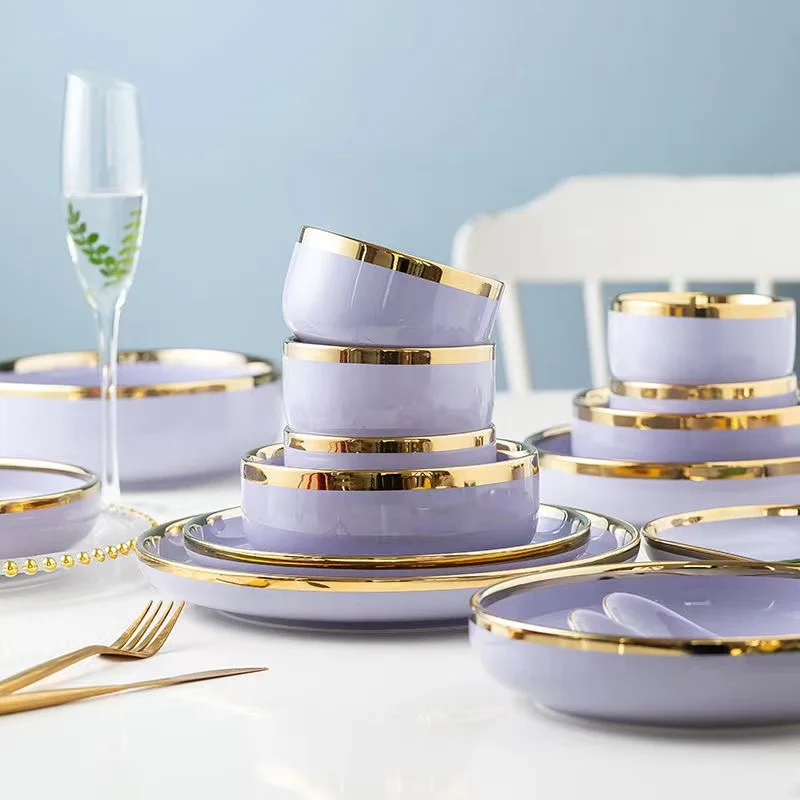 Bright Purple Porcelain Dinner Tray Kitchen Plates With Gilt Rim Ceramic Tableware Food Dishes Rice Salad Noodles Bowl