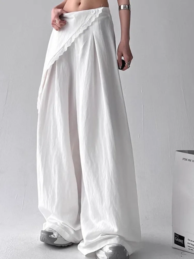 BJTZ الدانتيل حافة التطهير 2025 الربيع الصيف النساء عالية الخصر ضئيلة الربط مستقيم الساق عادية فضفاض معلقة السراويل وهمية قطعتين