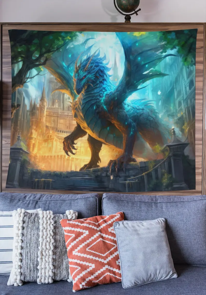 

Fantasy Dragon Tapestry Wall Art Mythical Creature Decor Castle Scene Home Decoration Living Room Bedroom Gaming Room