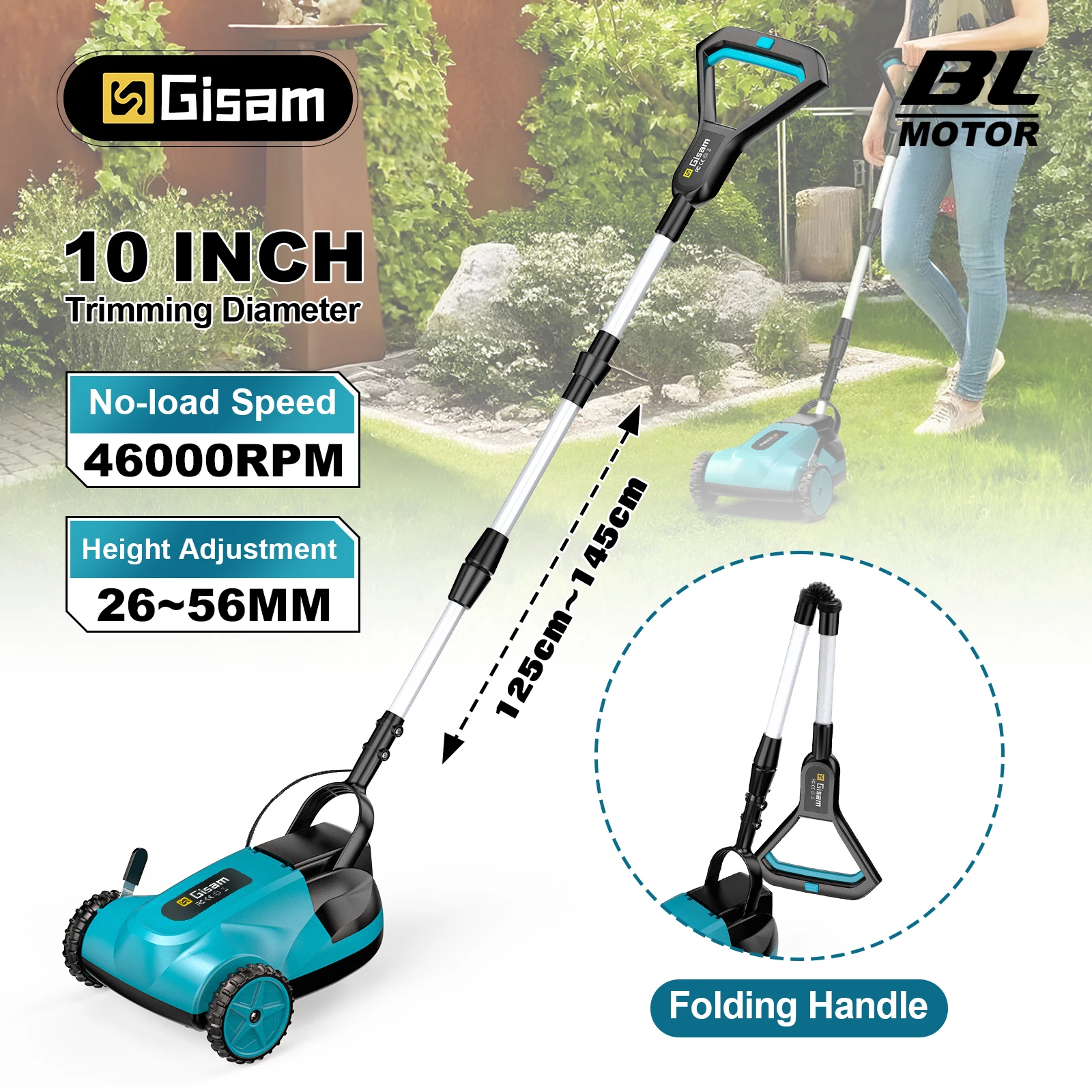 Gisam 10-Zoll Elektrischer Rasenmäher 46000 U/min Kabelloser Klappbarer Trimmer Schneidwerkzeug für Garten mit Makita-Akkuanschluss