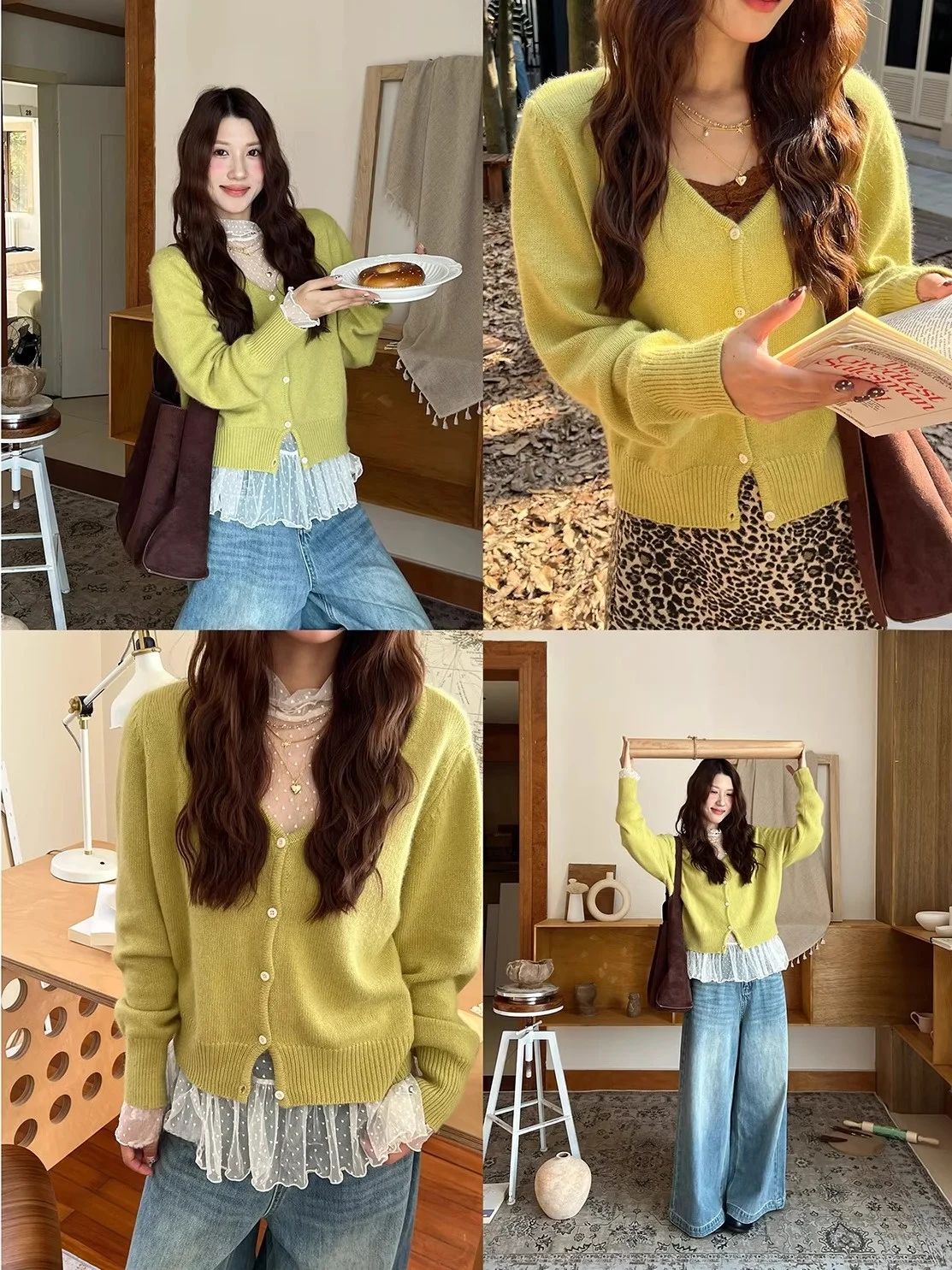 

Autumn Winter Woolen Knitted ort V-ne Open Cardigan Soft Yellow Mustard een Women's Sweater Korean Sle Loose Fit Warmth