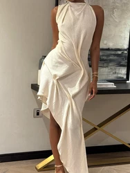 Women Fashion Pleated Irregular Slim Long Skirt Sexy Solid Backless Off-shoulder Dress New Dating Party Festival Club Prom Gown