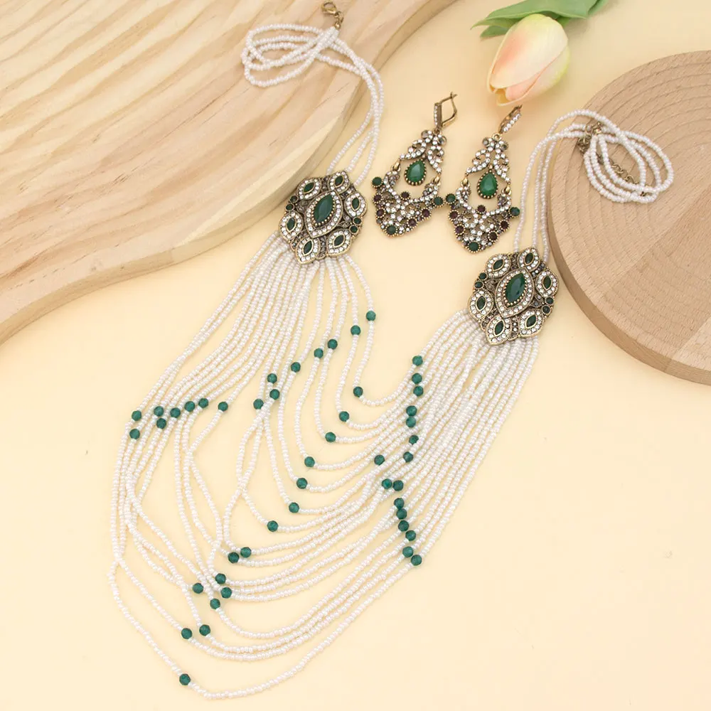 Chic Vintage Turkish Jewelry Women Bead Choker Necklace Multi-strip Chain Crystal Earring Flower Eardrop Bohemia Bridal Bojoux