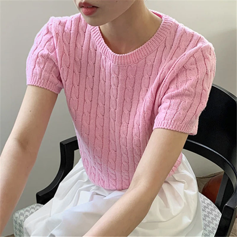 REALEFT Summer Women's Knitted Tops 2024 New Vintage O-Neck Short Sleeve Solid Hollow Out Korean Style Short Tops Female