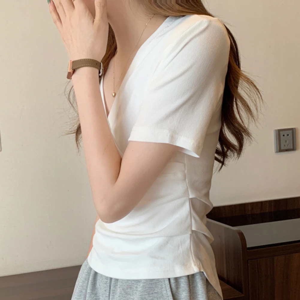 Top Women T-Shirt Daily Holiday Cross V-Neck Short Sleeve Skin-friendly Slight Stretch Slim-Fitting Solid Color