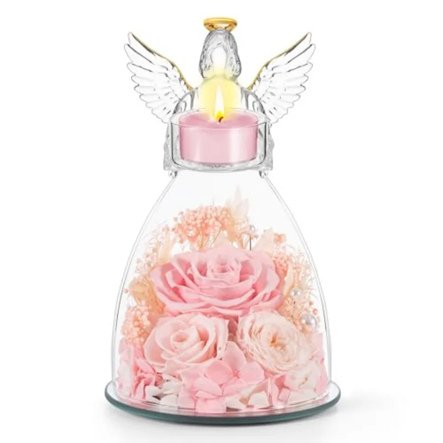 Mothers Day Roses Gifts for Mom, Preserved Roses in Glass Angel Figurines With Tealight Candle Holder, Fresh Flowers for Delive