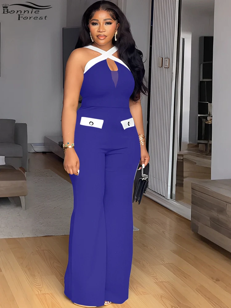 

Bonnie Forest Элегантные женские комбинезоны с контрастной отделкой и бретелькой на шее, сексуальные комбинезоны с гламурными карманами, широкие комбинезоны, офисная одежда