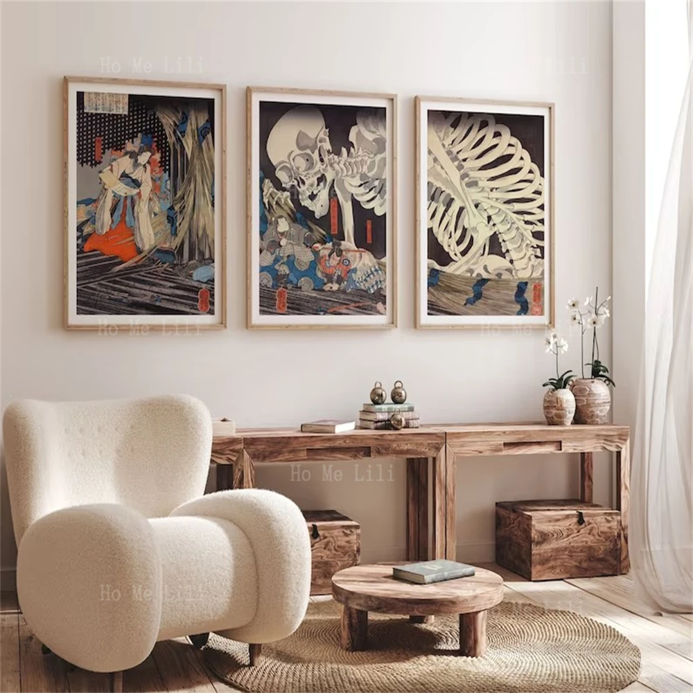 Skull Triptych Poster Retro Japanese Style Print Wall Decoration Triplet Painting