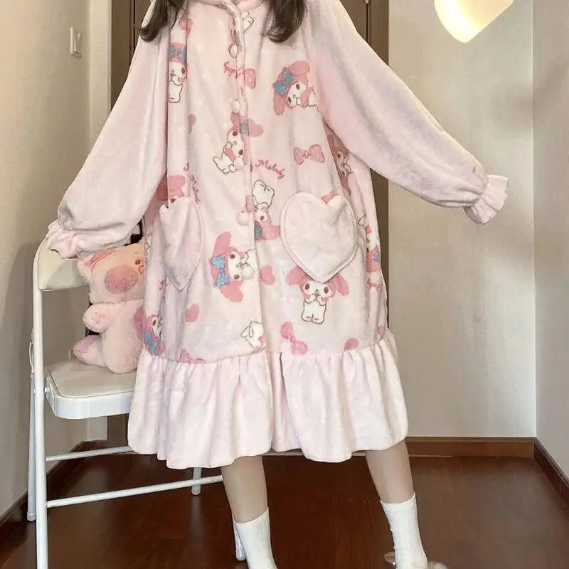 

Hot My Melody Girl Cartoon Bathrobe Sanrio Princess Coral Velvet Hooded Pajamas Kawaii Leisure Wear Loose Fashion Nightgown New