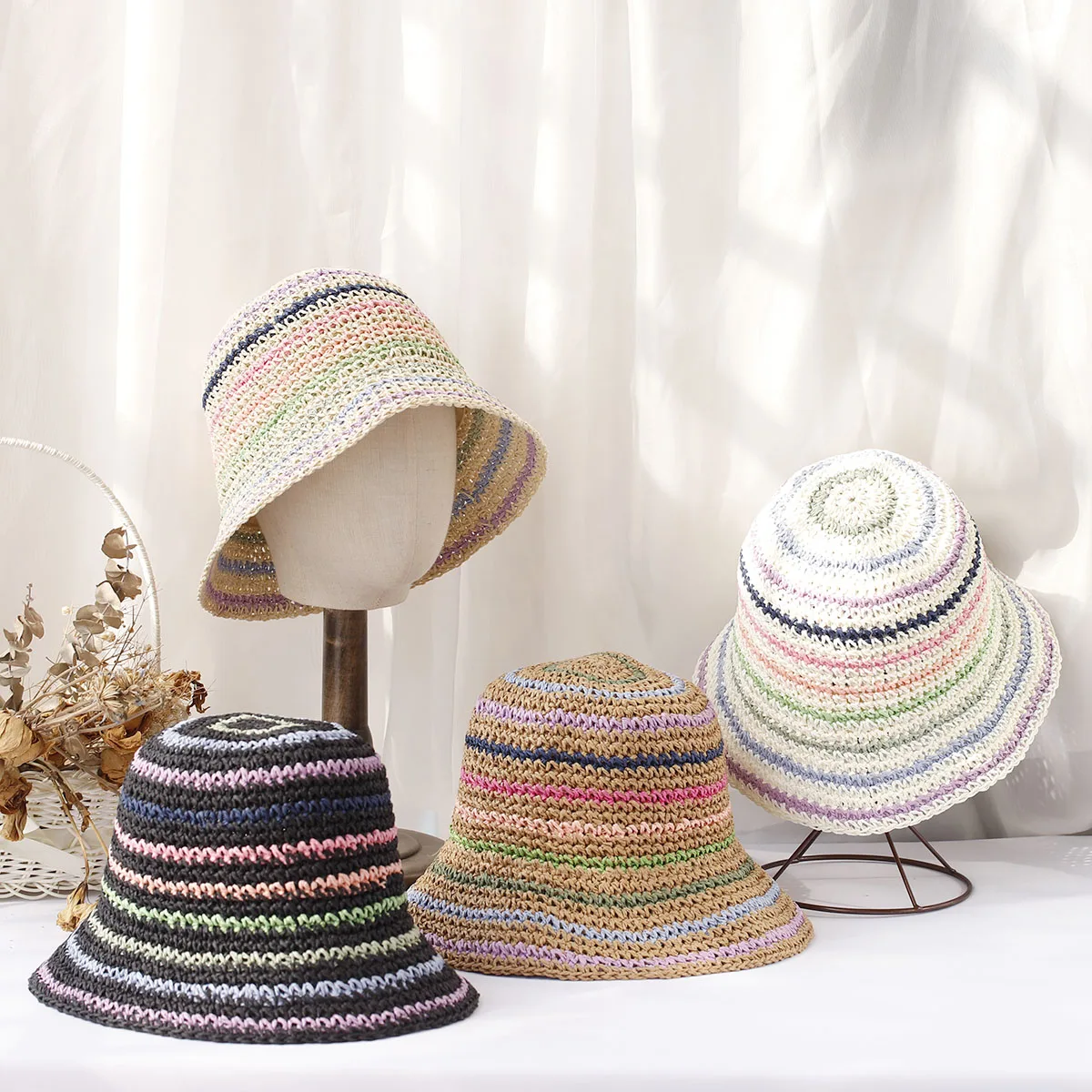 2024 Womens Straw Hat crochet hat Striped Rainbow UV Protection Sun Visor beach hat Women Visors Ladies hat Women Summer hat Cap