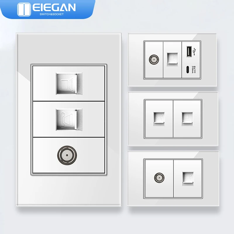 ELEGAN 118mm White Tempered Glass panel Swiss-Brazil standard series 118*74mm wall computer combination socket switch 10A 20A