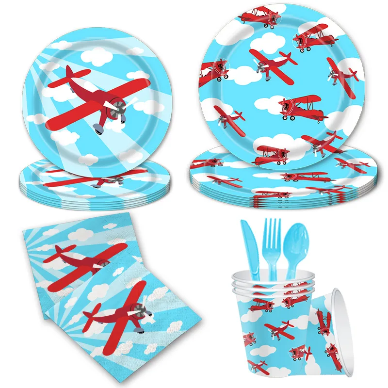 Airplane Party Disposable Tableware Plates Cups Foil Plane Balloon Set Boys Girls Kids Aviator Flight Party Toys Decors Supplies