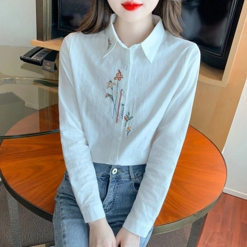 

Модная женская блузка из чистого хлопка с длинным рукавом, с вышивкой, в корейском стиле, прямого кроя, для офиса, ветрозащитная