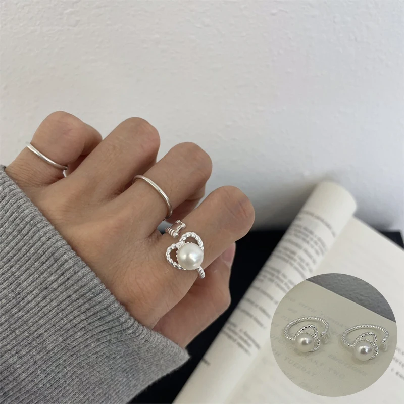 

100% 925 Sterling Silver Pearl Love Heart Open Ring for Women Girl Fashion Simple Key Design Jewelry Party Gift Dropshipping