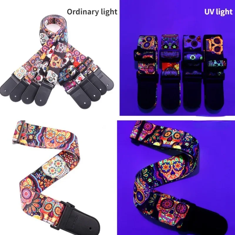 New Personalized Fluorescent Printed Leather Guitar Strap Adjustable Strap for Acoustic Guitar Electric Guitar Bass Ukulele