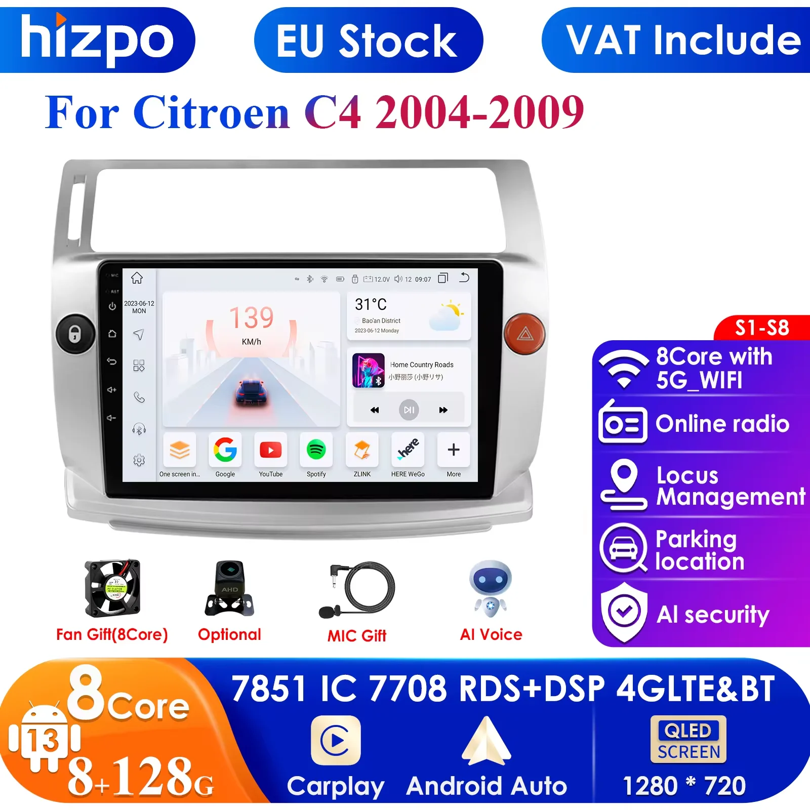 For Citroen C4 C-Triomphe C-Quatre 2004 2005 2006 2007 2008 2009 2 Din Car Radio Multimedia Video Player Android 2din GPS 4G DSP