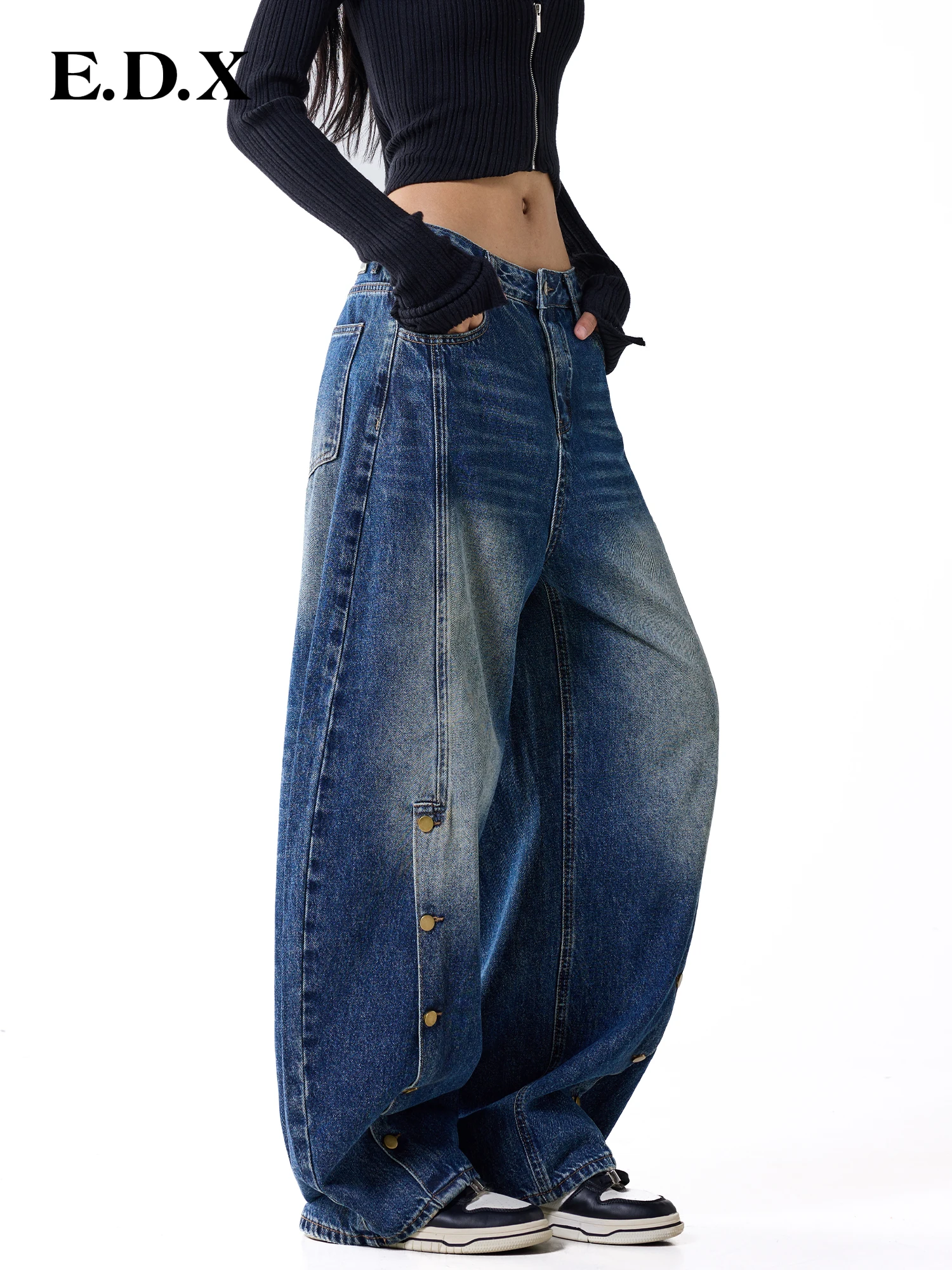 Retro Button Wide Leg Blue Jeans Women's Autumn Winter High Waist Washed out Design Sense Long Pants American Style Jeans