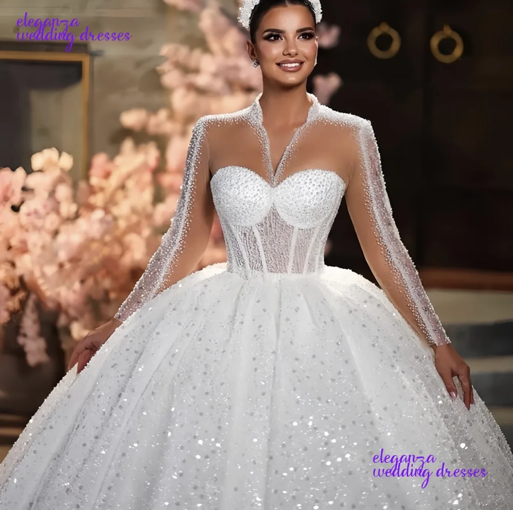 Customized Wedding Dress Organza With Embroidery Bead Ballgown High-Neck Fullsleeve Bridedress Button Vestidos De Novia 2025